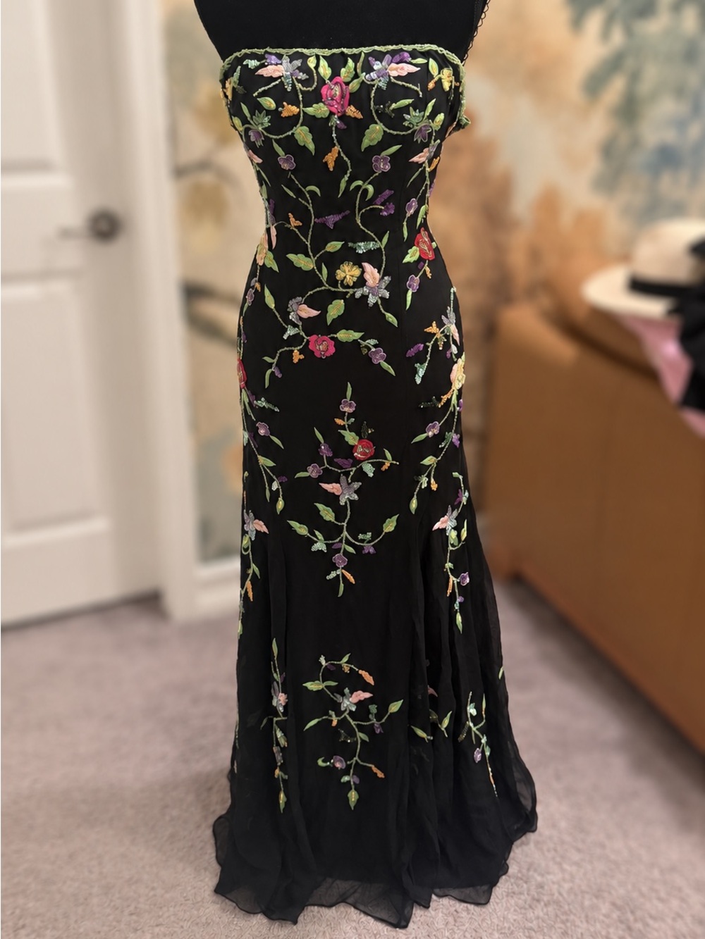Sean Couture Vintage Silk Floral Strapless Maxi Dress XS Prom Party Christmas